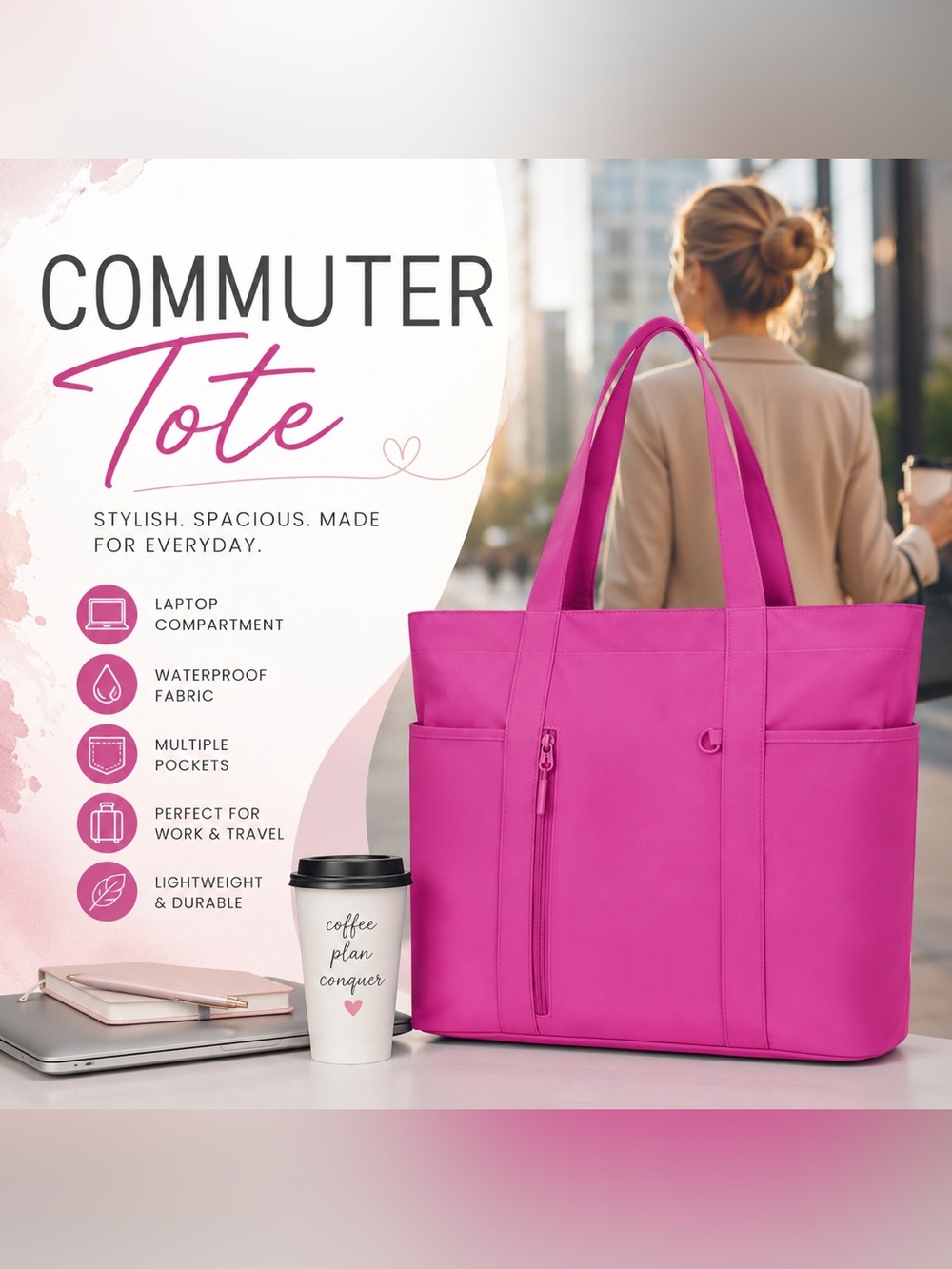 NWT Pink Waterproof Laptop Tote Bag, Large Travel Work Shoulder Bag with Pockets